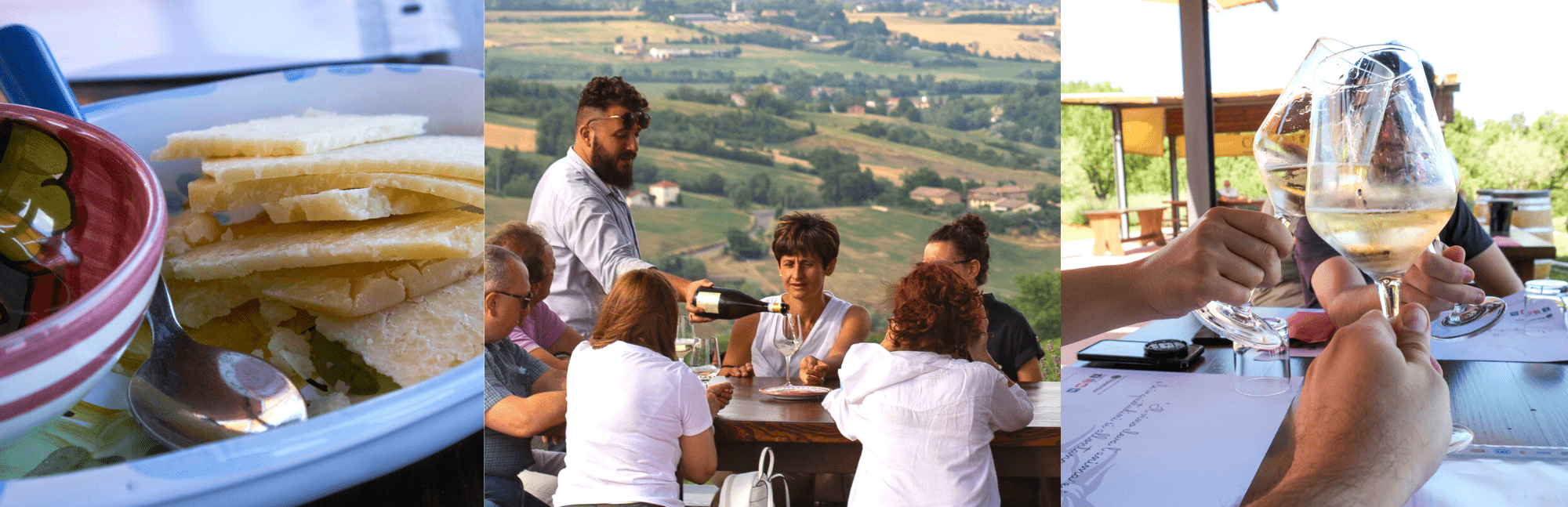 Wine tasting with Mattia from Cantina Il Poggio. The image represents a group of people, sitting at the table, ready to taste a glass of wine, along with food pairing. 