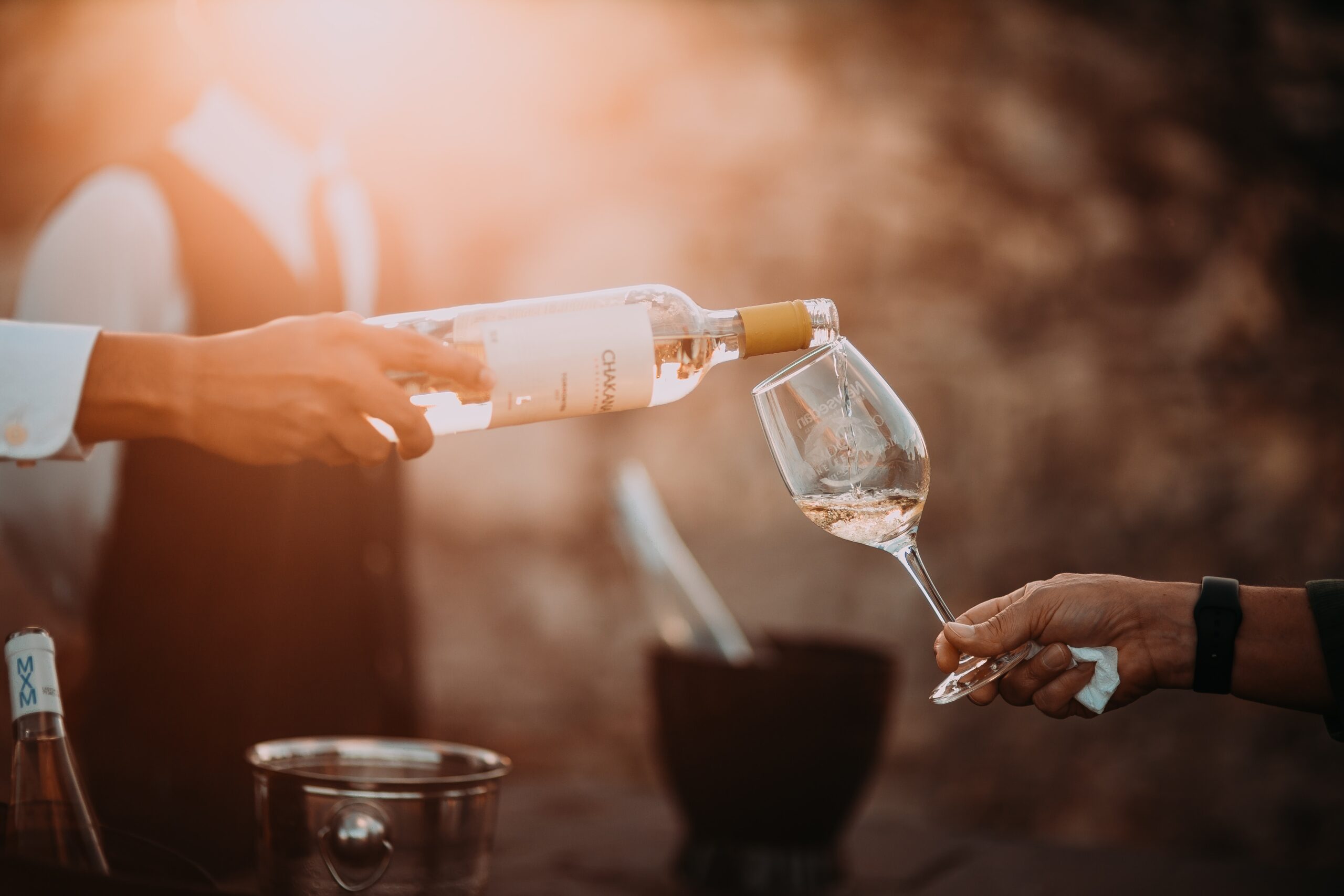 Malvasia is the vine of Mediterranean sea, a story of men, territories, methods, and traditions of the different areas. The image represents a sommelier who pours white wine ino the glass.